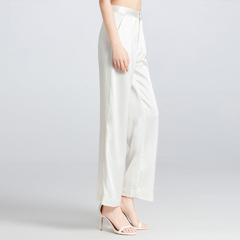 95% Real Silk Double Joe Summer Pants Women Loose Straight Wide Leg Pants Women's High Waist Pantalon