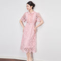 Elegant Lace Hollow out Collar Women's Dress Midi Skirt Style Short Sleeve Midi Length Fashionable Summer Ladies Pink Dress