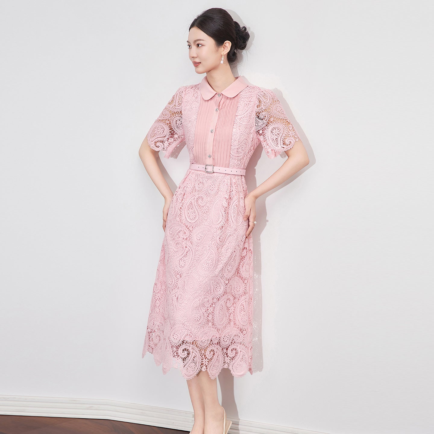Elegant Lace Hollow out Collar Women's Dress Midi Skirt Style Short Sleeve Midi Length Fashionable Summer Ladies Pink Dress