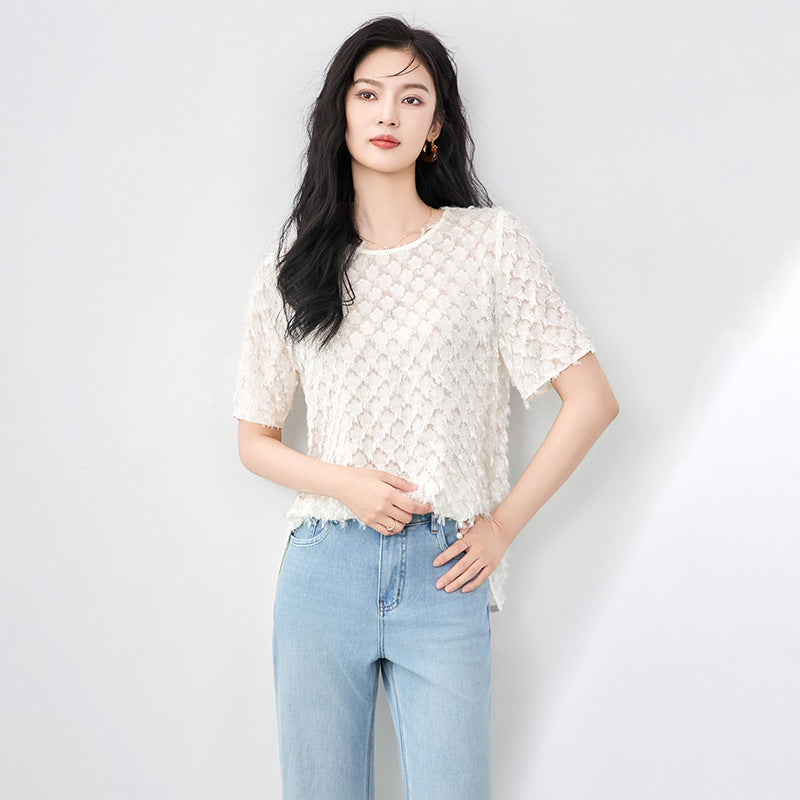 Elegant round Neck Silk T-Shirt Loose Fashionable Women Summer Top Commute Style Short Sleeve Burnout Fabric Pure Color