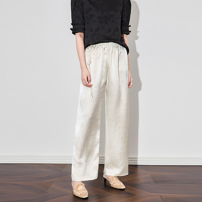 New Chinese Style Narrow Wide Leg Pants Women's High Waist Silk Feel Casual Trousers Drapey Straight Cut Summer Suit Pants