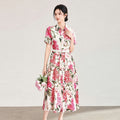 Elegant Fairy Style Printed Short Sleeve Turn-down Collar Single Button Princess Dress Polyester Summer Midi Dress