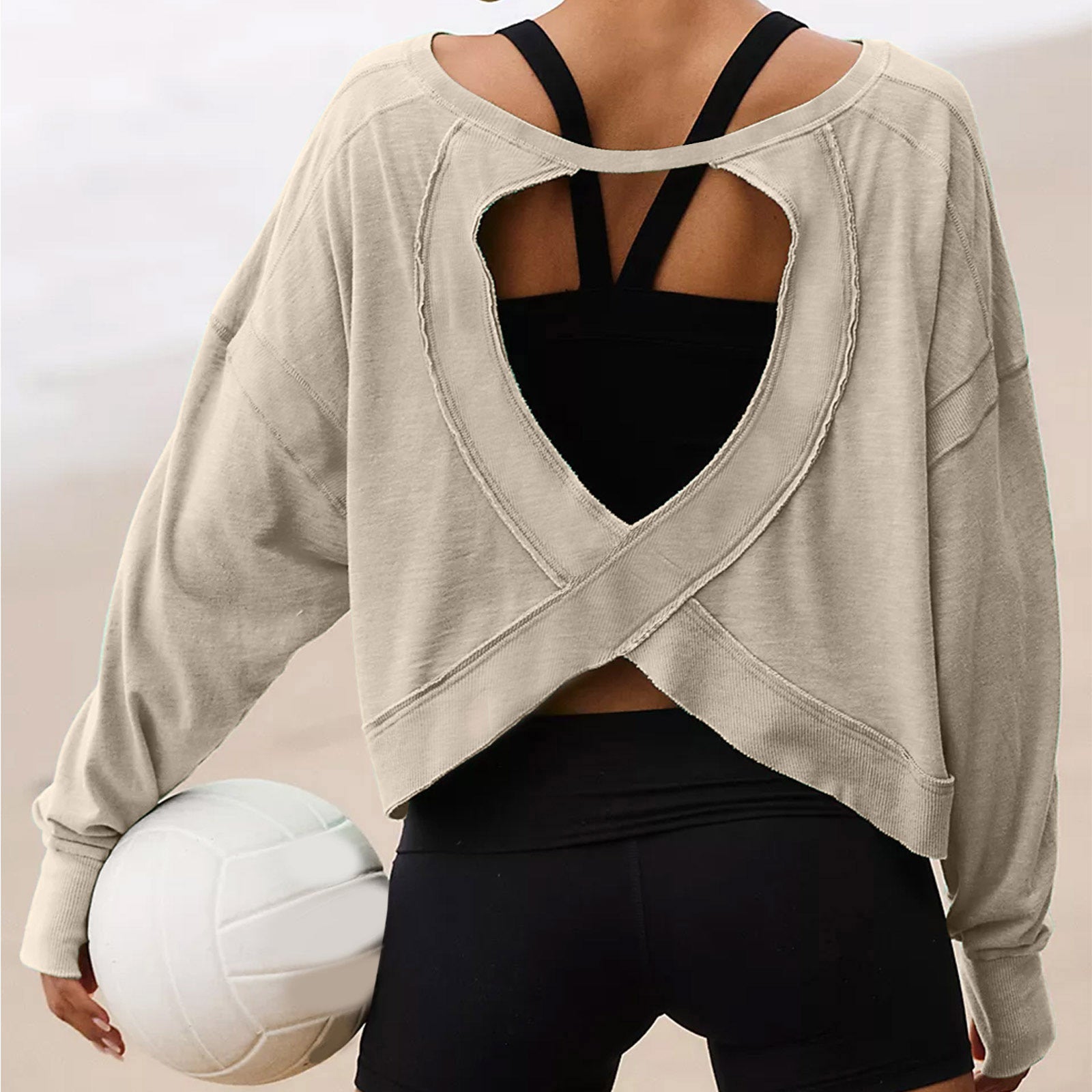 Women's T-shirt Spring Summer O-Neck Loose Long-sleeved Backless Hollow Out Personality Casual Tshirt Sports Tops