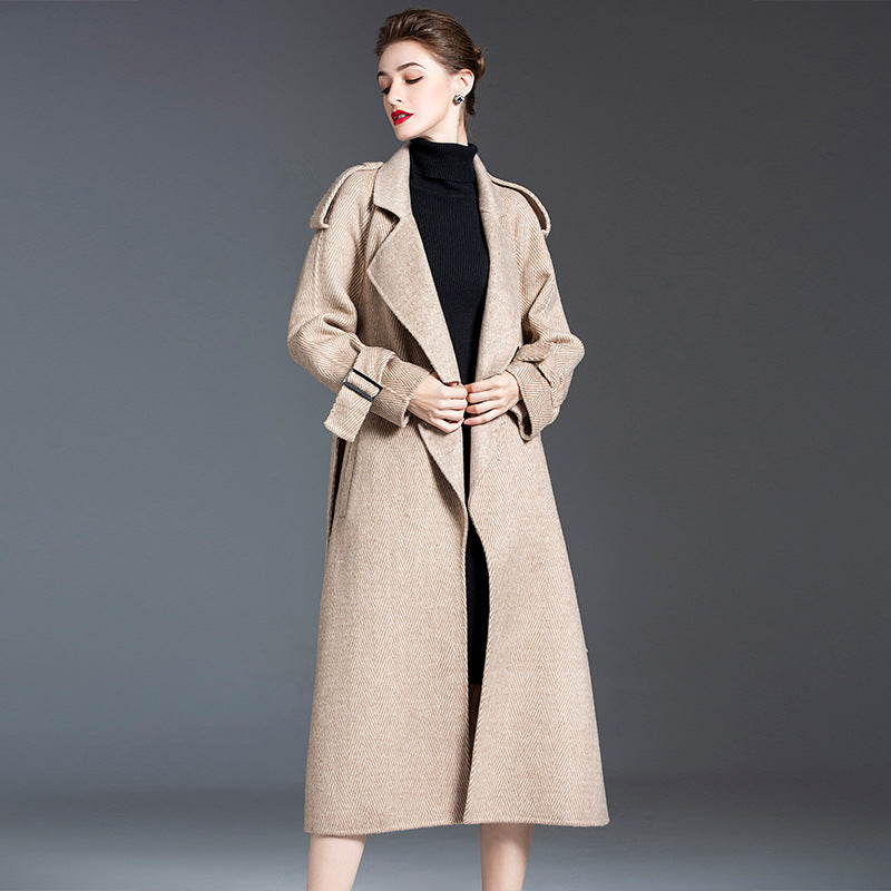 Elegant Long Double-Faced Woolen Coat Stand Collar 100% Pure Wool Autumn Winter New Style Women's Fashionable Outerwear