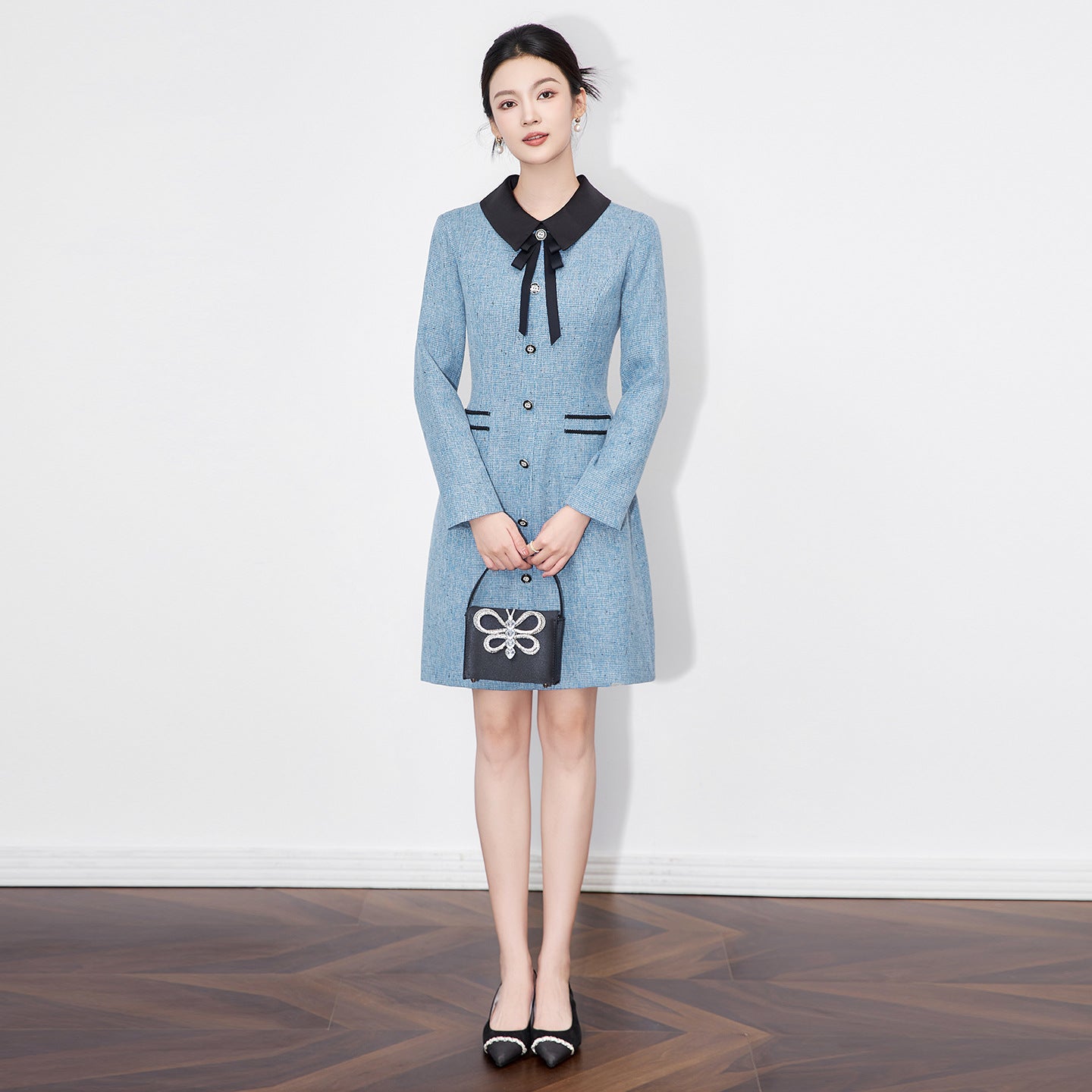 French Style Petite Elegant Lady Dress Slimming Autumn Winter New Arrival High Waist Long Sleeve Midi Skirt Polka Dot Pattern