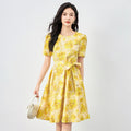New Summer Round Neck Puff Short Sleeve Self Tie Waist Butterfly Floral Print Pleated A Line Midi Dress