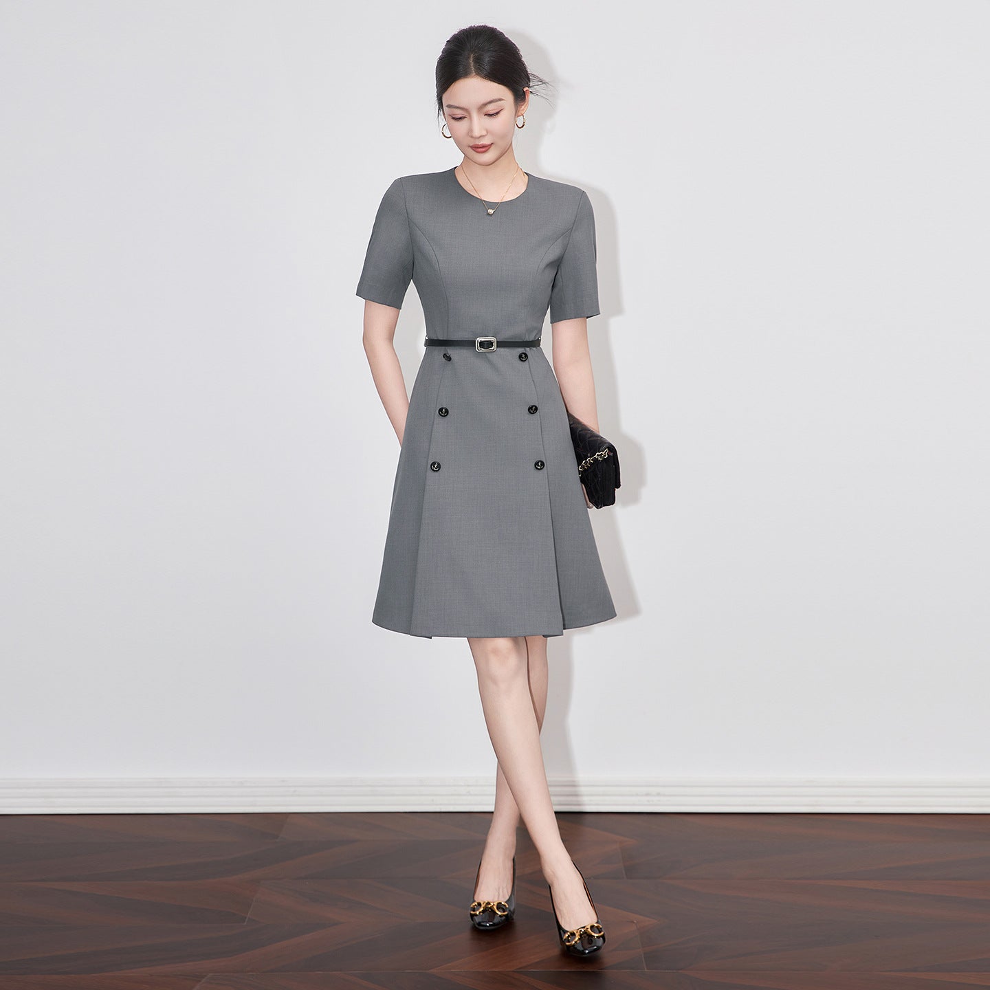 Elegant Simple Waist-Cinching Midi Dress Slimming High Waist Long Sleeve round Neck A- Line Skirt