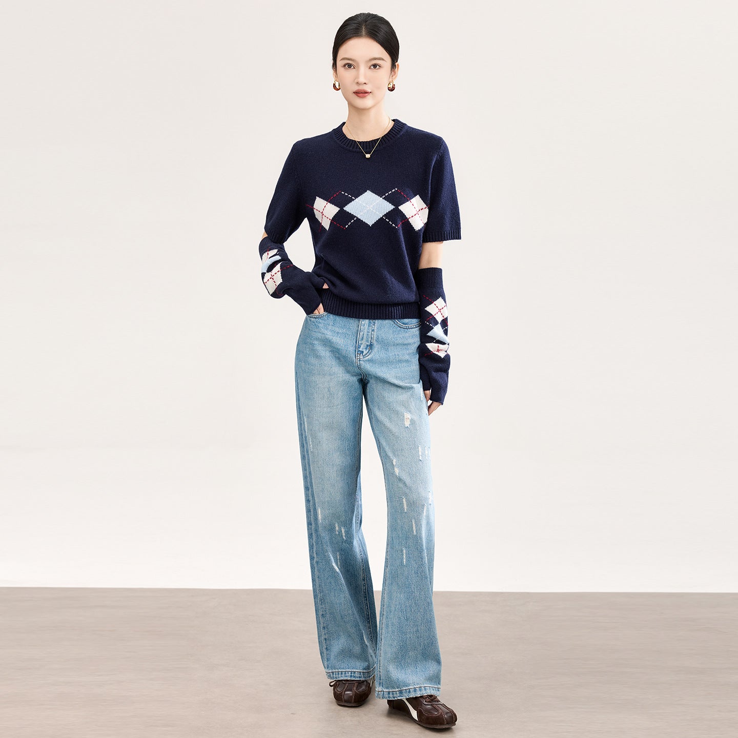 Navy V-neck Knitted Sweater Embroidered Diamond Patterned Comfortable Casual Style for All Seasons