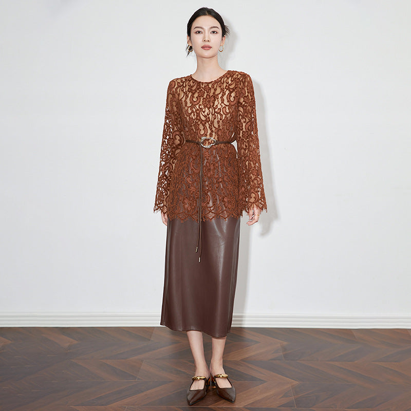 Flocking Embossed Lace Bell Sleeve Base Shirt Vintage Luxury Hollow out Semi-Transparent round Neck Long Sleeve French Style