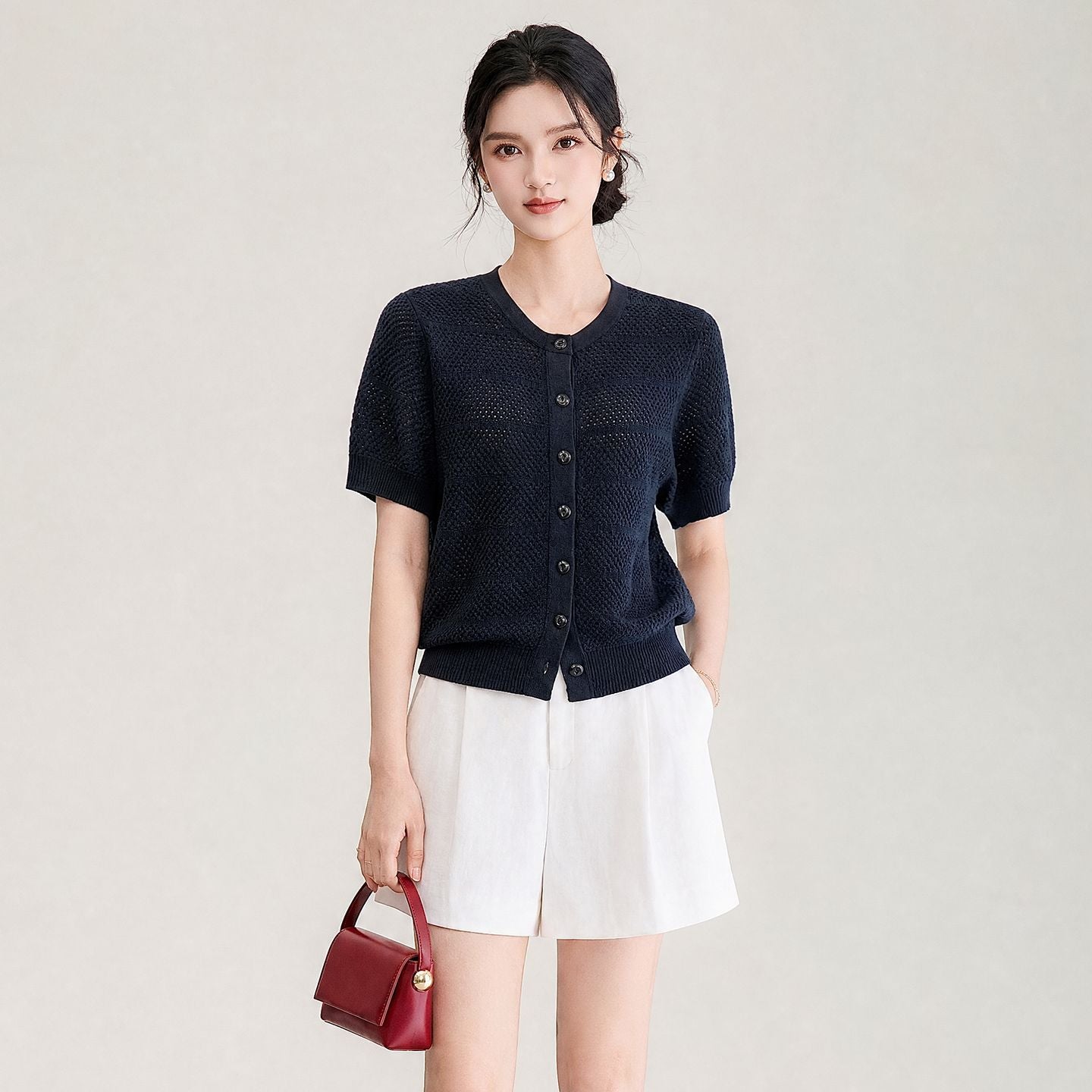 Women's Knitted Open Cardigan Cotton Linen Floral Hollow out Short Sleeve round Neck T-Shirt Casual Style Elegant