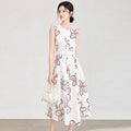Summer New Fashion Print Elegant Dress Women's O-Neck Sleeveless High Waist Slim A-Line Long Dress With Belt