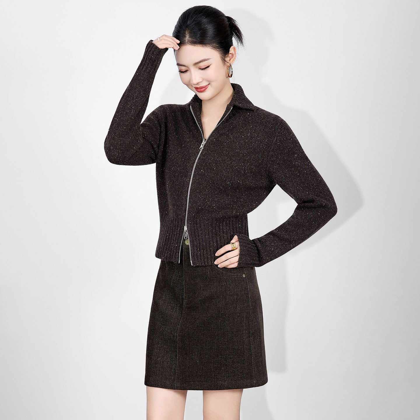 Elegant Cardigans Women Turn-down Collar 100% Merino Wool Zipper Knitted Sweaters Tops Long Sleeve Woman Short Jacket