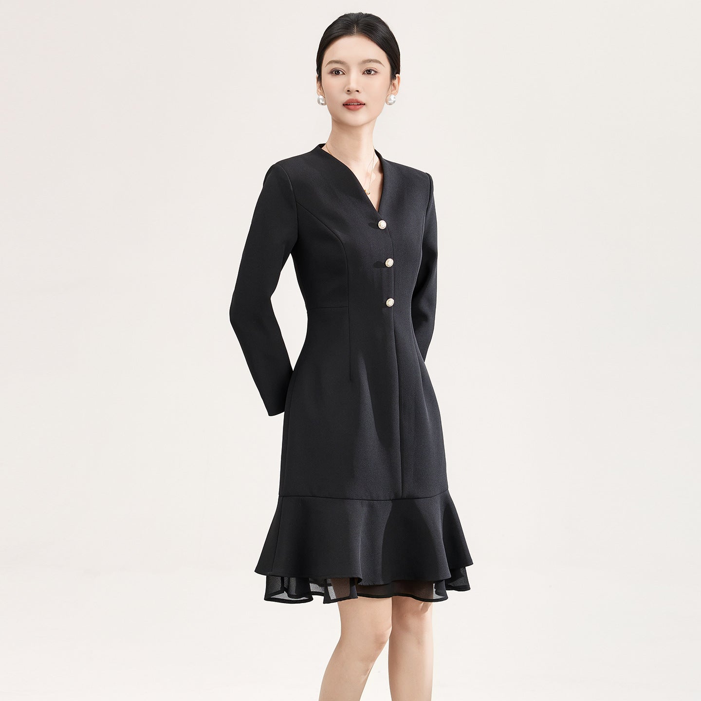 New Spring Commuting Business Dresses Temperament Elegant V-neck Long Sleeve High Waist Slim Black Fishtail Dress for Women