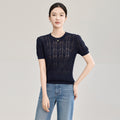 Elegant Style Short Sleeve Knitted Sweater Hollow out Floral Embroidery Bubble Sleeve round Neck Cotton Blend Women's Top