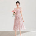 Elegant Short Sleeve Embroidered Lace Dress Square Neck Hollow out Pattern Midi Dress French Style A-Line Skirt