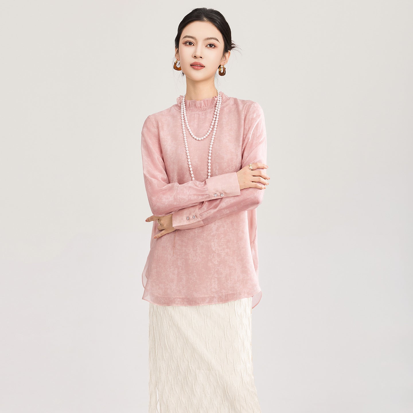Women'S Blouse Round Neck Long Sleeve Tops Designer Luxury Brand Mulberry Silk Elegant Lady Blouses