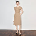 Elegant French Style Short Sleeve Business Women's Dress Slim Fit Midi A- Line Skirt with Belt Stylish Commute Goddess Look