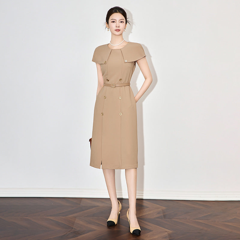 Elegant French Style Short Sleeve Business Women's Dress Slim Fit Midi A- Line Skirt with Belt Stylish Commute Goddess Look