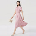 Elegant Simple French Style Short Sleeve Dress with Stand Collar Waist Cinching Midi A- Line Skirt Polyester Fiber Vintage