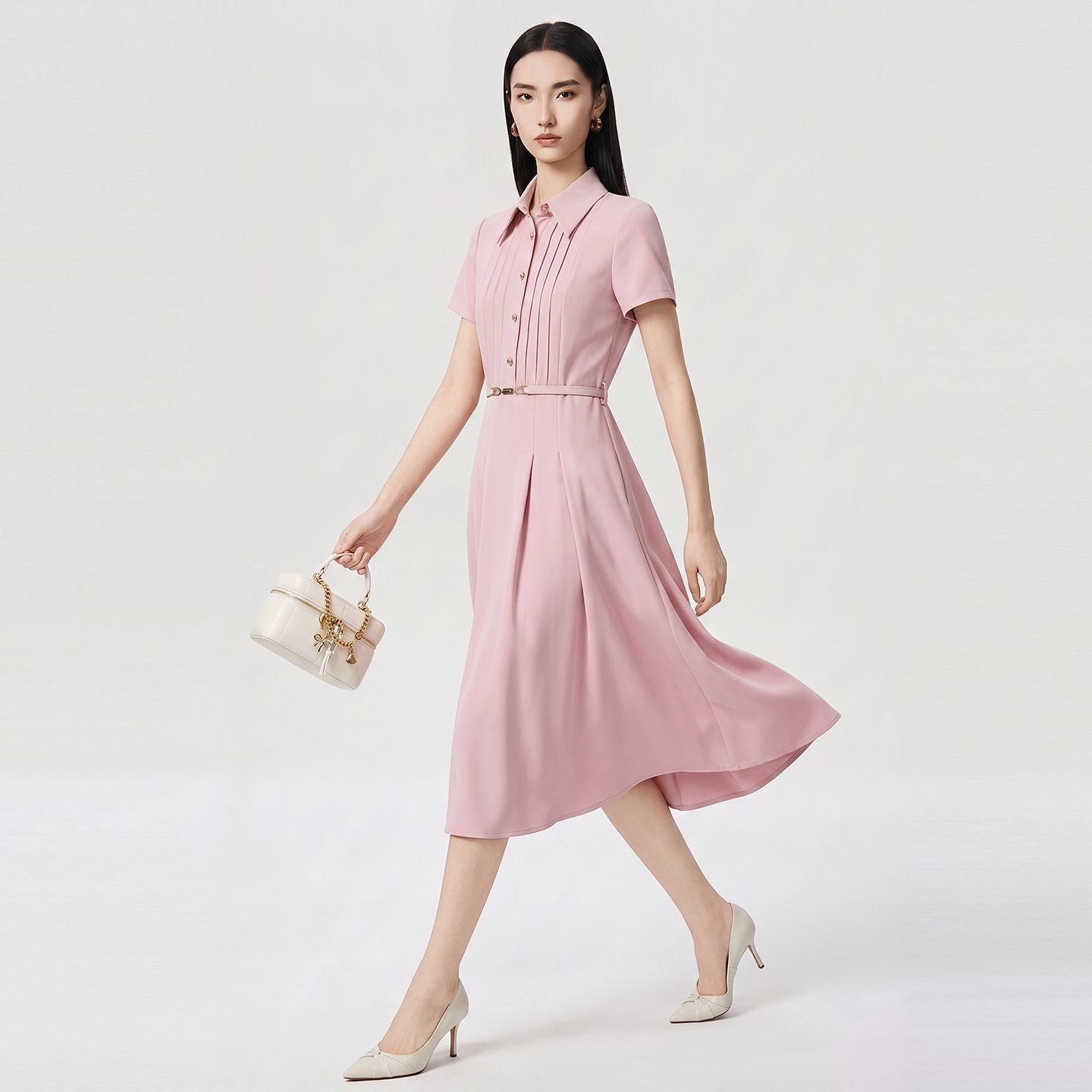 Elegant Simple French Style Short Sleeve Dress with Stand Collar Waist Cinching Midi A- Line Skirt Polyester Fiber Vintage