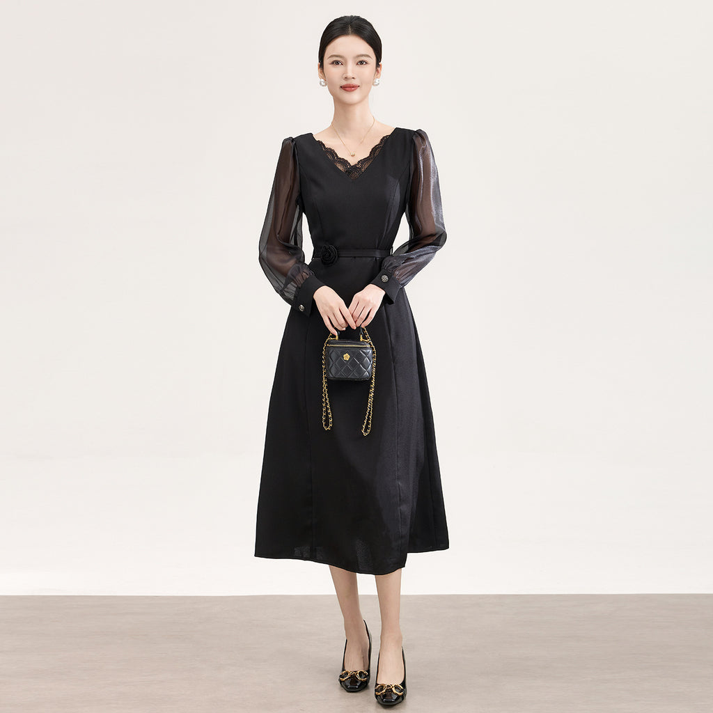 New French Elegant Evening Dresses Lace Patchwork V-neck Long Sleeve High Waist Lace-up Black Long Dress for Women