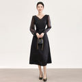 New French Elegant Evening Dresses Lace Patchwork V-neck Long Sleeve High Waist Lace-up Black Long Dress for Women