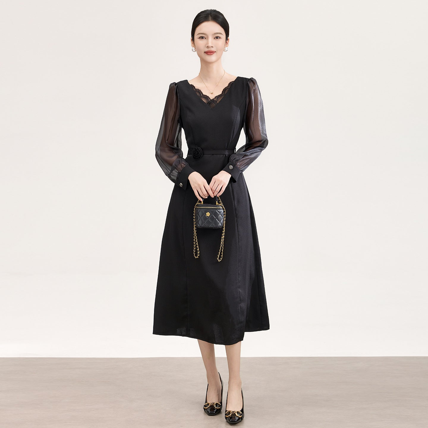 New French Elegant Evening Dresses Lace Patchwork V-neck Long Sleeve High Waist Lace-up Black Long Dress for Women
