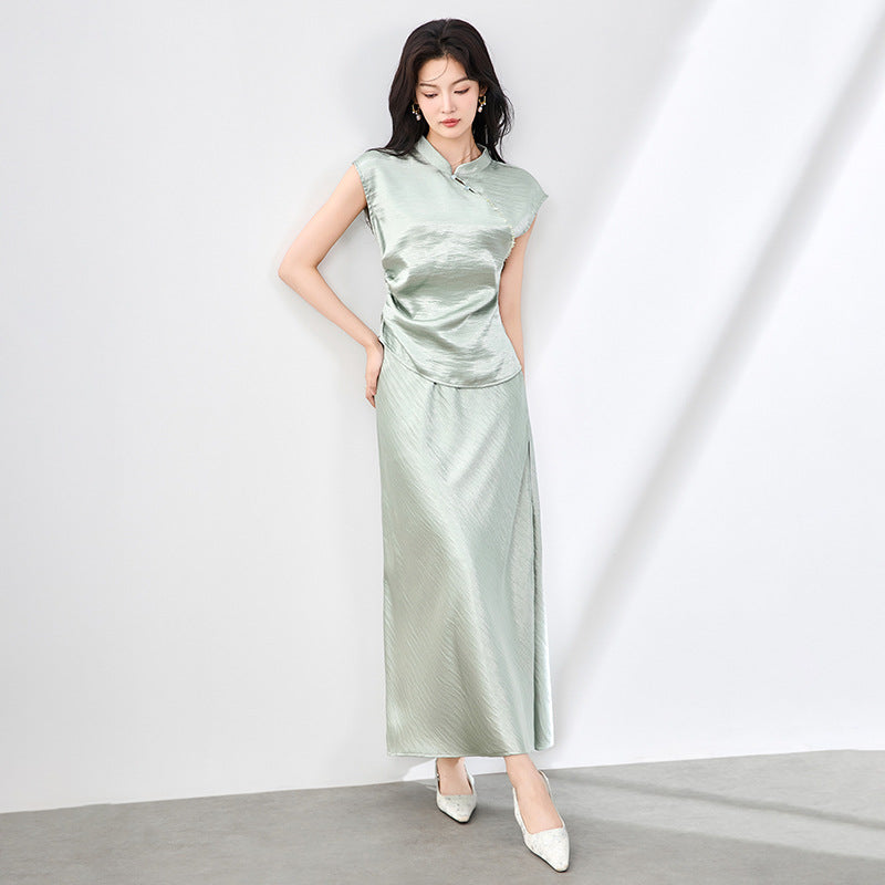 Elegant Draped White Top And Midi Skirt Set Women's Chic Two Piece Outfit With Unique Trendy Ladies Fashion