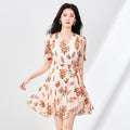 French Style Summer New Elegant Dress Waist Cinched Slimming Floral Print Midi Skirt Thin Gauze Slimming New Arrival