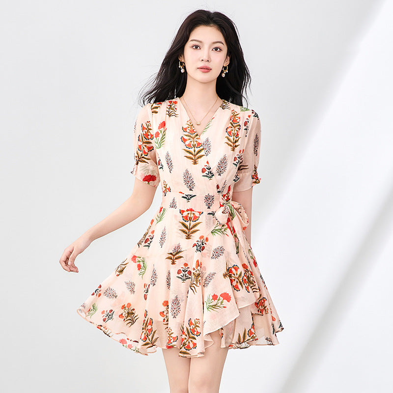 French Style Summer New Elegant Dress Waist Cinched Slimming Floral Print Midi Skirt Thin Gauze Slimming New Arrival
