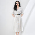 Elegant Striped Short Sleeve Dress Women's Commute Slimming Midi Skirt New Arrival Summer Fashion Knitted Fabric V-Neck Slim Fit