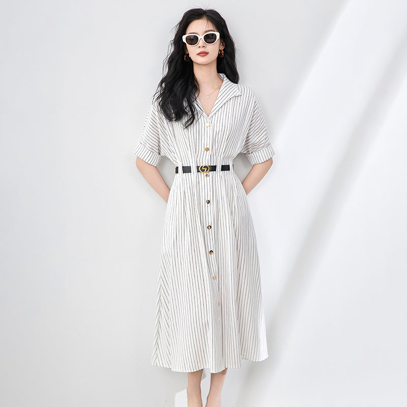 Elegant Striped Short Sleeve Dress Women's Commute Slimming Midi Skirt New Arrival Summer Fashion Knitted Fabric V-Neck Slim Fit