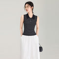 Half Mountain Collection Old Money Style Shirt Striped Knitted Sleeveless T-Shirt Women Summer New Turn Collar Short Top