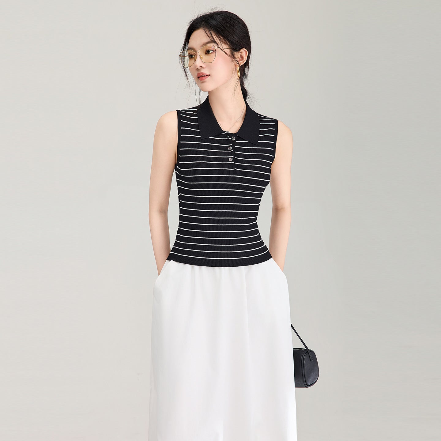 Half Mountain Collection Old Money Style Shirt Striped Knitted Sleeveless T-Shirt Women Summer New Turn Collar Short Top
