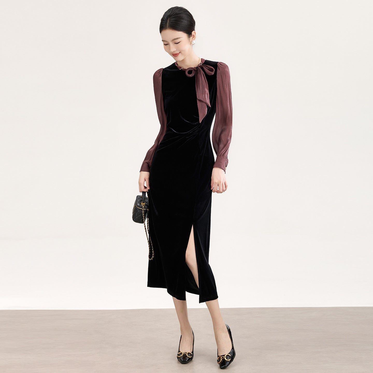 Spring French Elegant Style Lace-Up Bow Long Sleeve Patchwork Velvet High Waist Slim Black Long Evening Dresses for Women