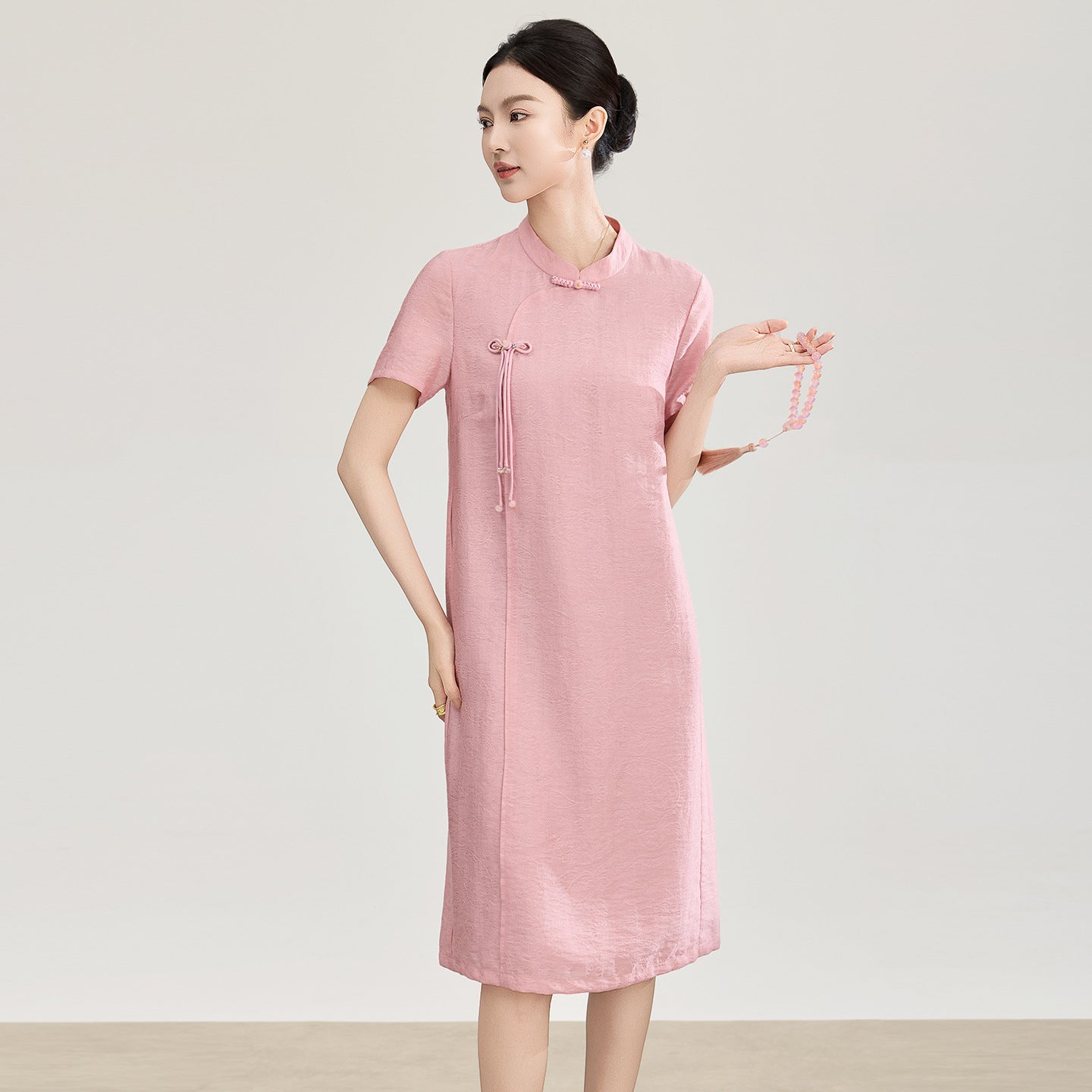 Vintage Stand Short Sleeve Dress For Women Solid Color Summer Cheongsam New A-Line Chinese Style Female Dress