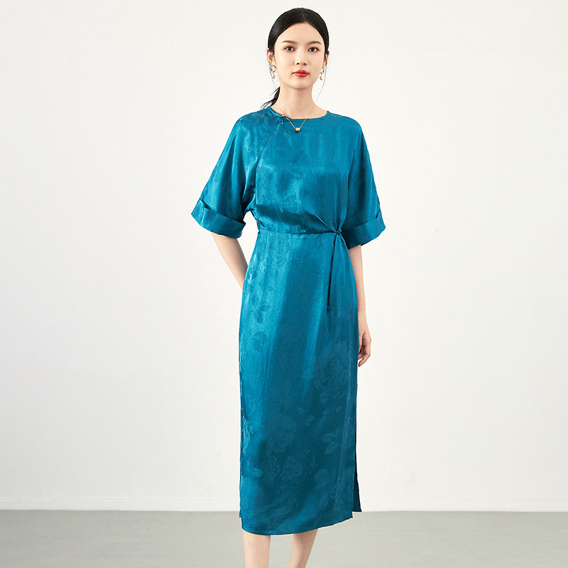 Women's Fashion Summer New 91.8%Natural Mulberry Silk Jacquard Elastic Satin Round Neck Short Sleeve Simple Strap Dress
