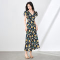 Summer French Print Silk Long Dress V-neck Women's Dress Floral Lace Sleeve A- line Skirt