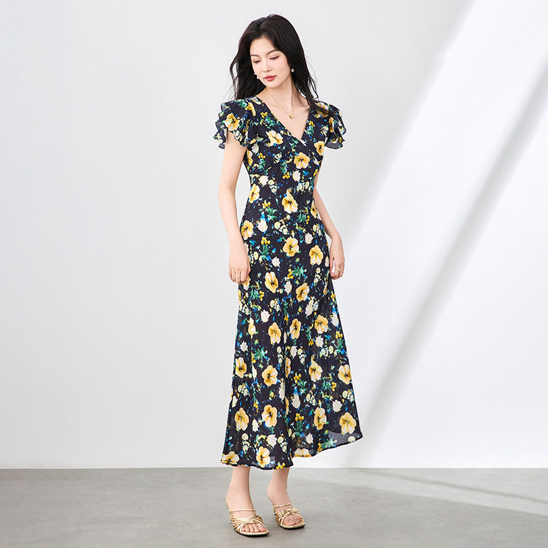 Summer French Print Silk Long Dress V-neck Women's Dress Floral Lace Sleeve A- line Skirt