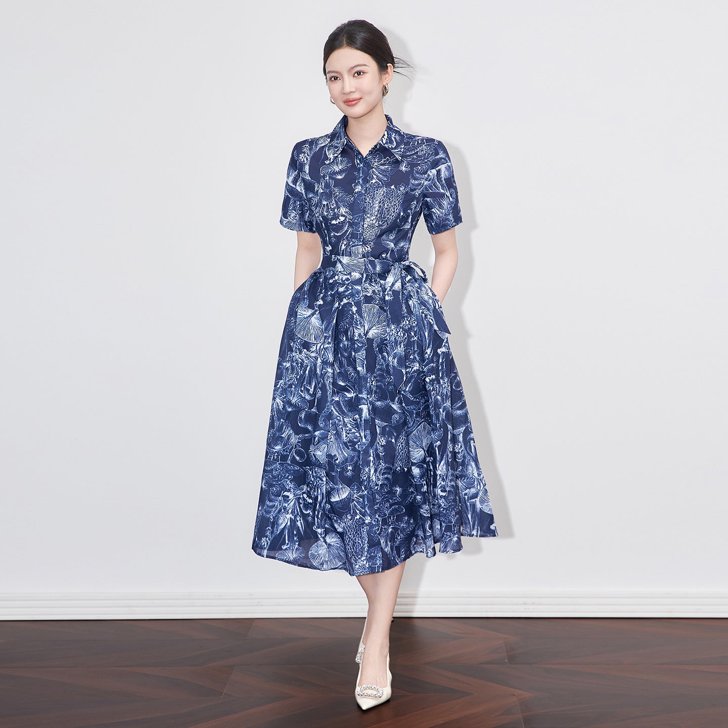 Summer Fashion Runway Blue Print Vintage Shirt Dresses for Women Short Sleeve Lace Up Single Breasted Casual Vestidos
