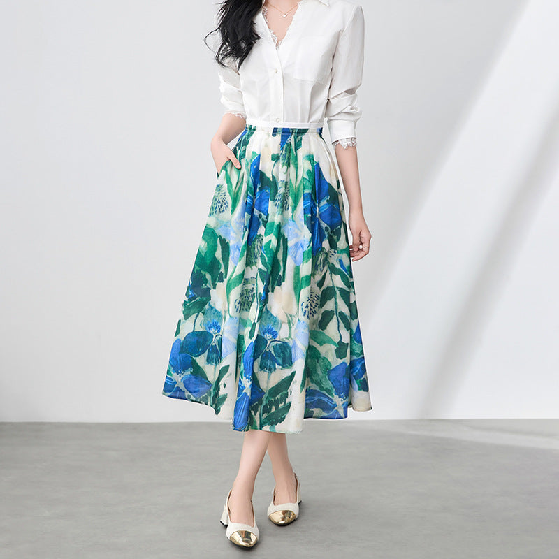 Summer Floral Print Midi Skirt Women's Brand Tagless Holiday Beach Large Flower Print Half-length Skirt Korean Style Commute