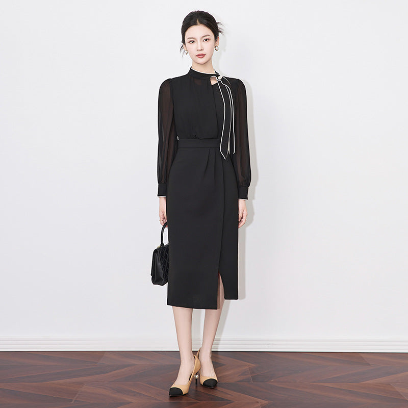 Solid Color Long Sleeve High Wasit Stand Collar Luxury Split Dress For Women Spring Fashion Female New Dresses