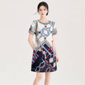 Fashionable Heavy-Worked Chain Print Slimming Dress High-Quality South Oil A-Line Skirt Short Sleeve round Neck Commute Style
