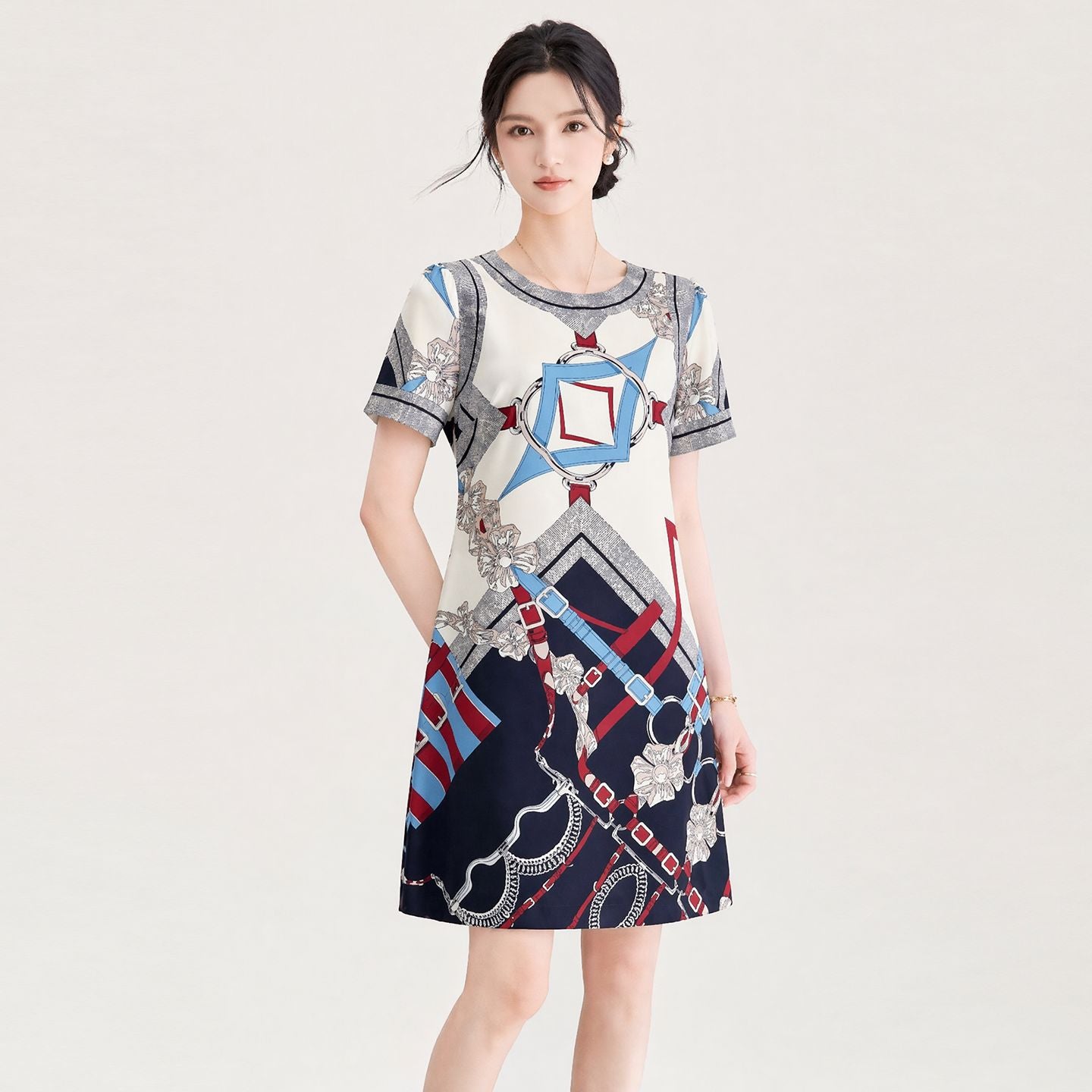Fashionable Heavy-Worked Chain Print Slimming Dress High-Quality South Oil A-Line Skirt Short Sleeve round Neck Commute Style