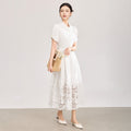 French Elegance Lace Embroidery Hollow Flower Polo Neck Short Sleeves High Waist A-line Vacation White Long Dress Women Summer