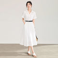 Women's Elegant White Shirt Midi Dress Summer Short Sleeve Single Breasted A-Line Long Dress Casual Office Lady Work Dresses
