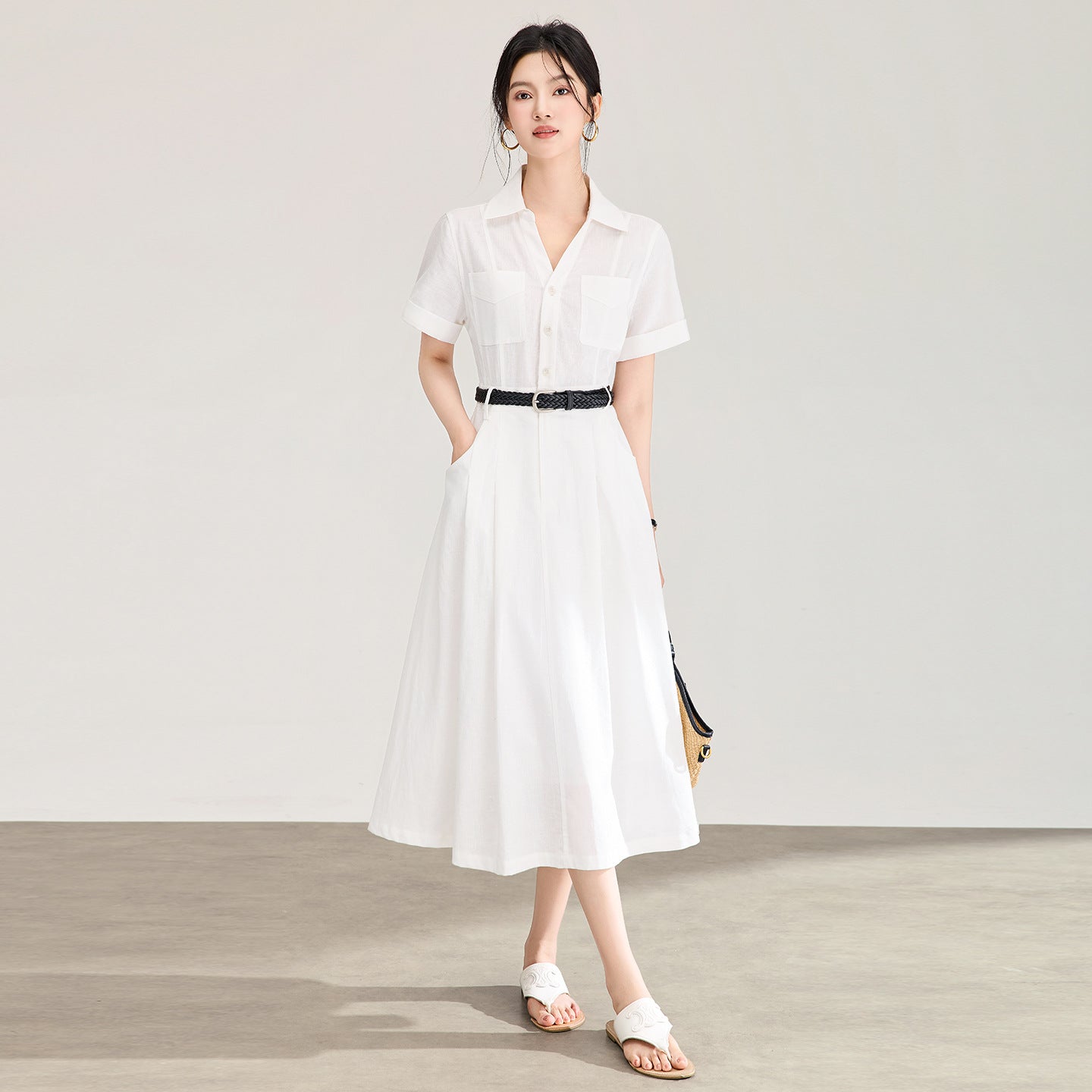 Women's Elegant White Shirt Midi Dress Summer Short Sleeve Single Breasted A-Line Long Dress Casual Office Lady Work Dresses