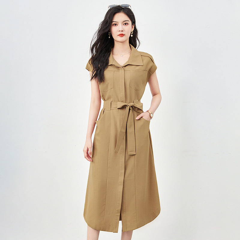 Vintage Woman Yellow Dress Fashion Single Breasted Sashes Long Shirt Dress CHic Lace-up Streetwear Female Vestidos