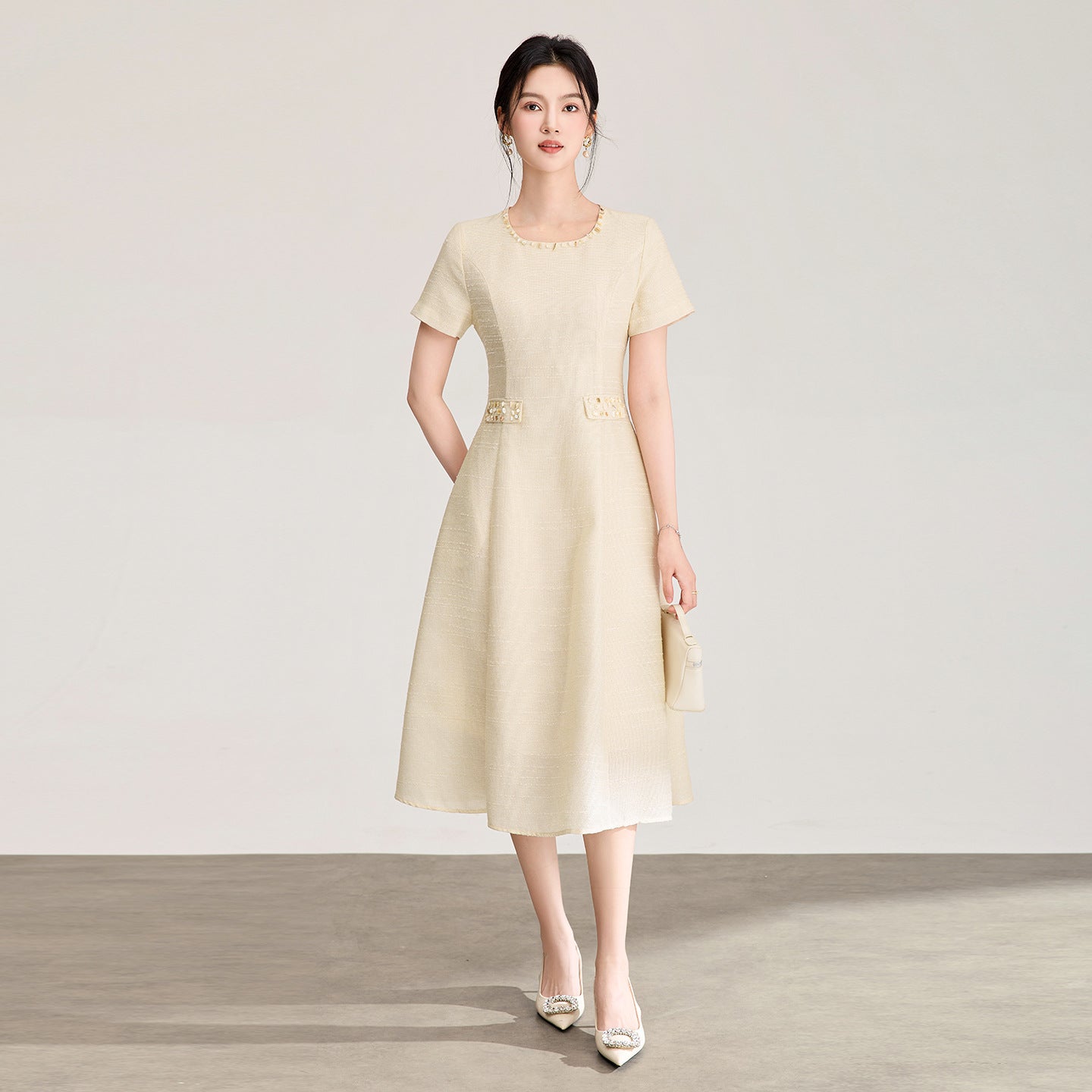 Elegant round Neck Diamond Embellished Sleeve Cover Dress Ball Gown Midi A- Line Skirt Polyester Viscose Fabric