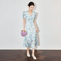Elegant Bubble Sleeve Long Dress Slimming High Waist Floral Embroidery Chiffon Summer New Style White Puff Sleeve Dress